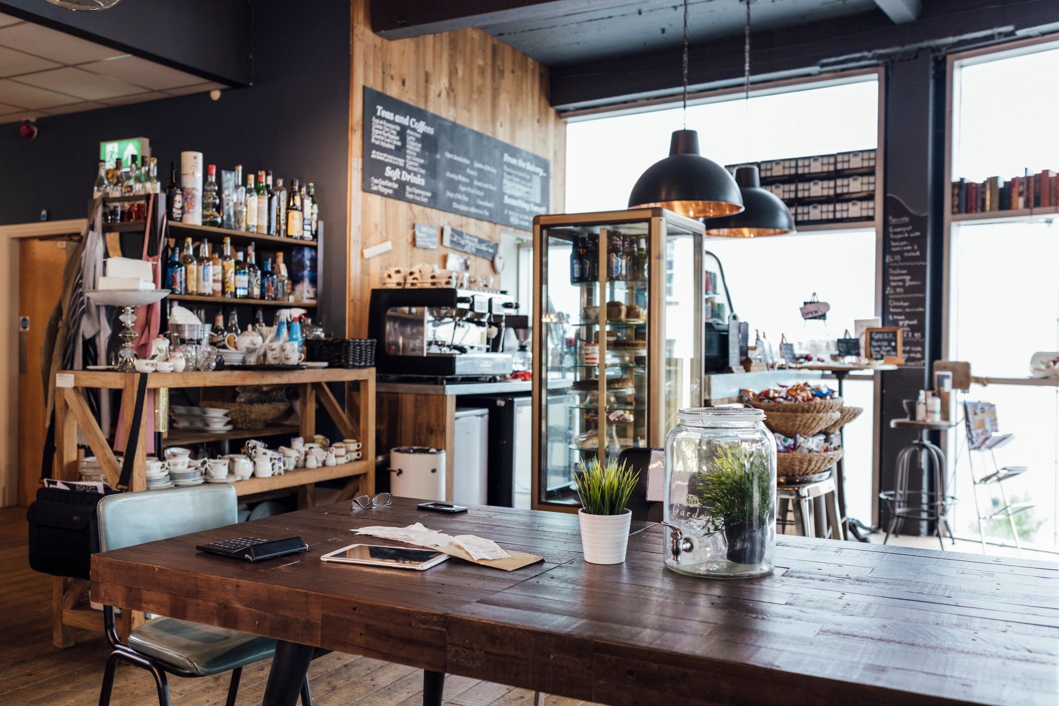 Warm, modern coffee shop interior at 7 Beans